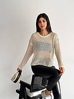 Женский свитер-джемпер, молочный, ажурная машинная вязка