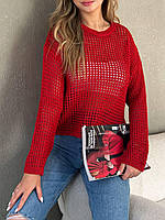 Женский свитер-джемпер, красный, ажурная машинная вязка