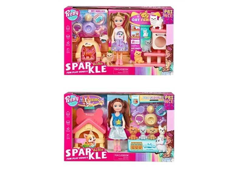 Лялька 7018 (48) 2 види, висота 13 см, 4 улюбленці, аксесуари по догляду за тваринками, в коробці