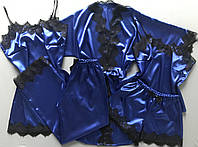 Синий шелковый комплект пятерка: халат с поясом, майка, шорты, штаны и пеньюар