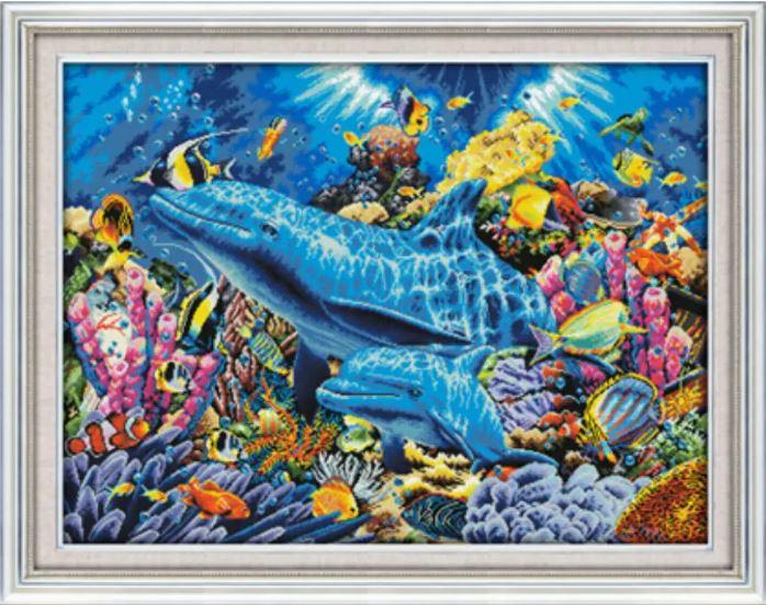 Набір для вишивання за нанесеною на канву схемою "Dolphins in the ocean". AIDA 14CT printed, 81*62 см