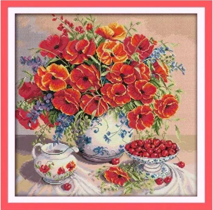 Набір для вишивання за нанесеною на канву схемою "Poppy and cherry".AIDA 14CT printed,48*48см