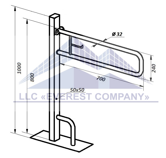 Поручень PSU-02b підлоговий з тримачем туалетного паперу для ванни та туалету інвалідів і літніх людей, фото 1
