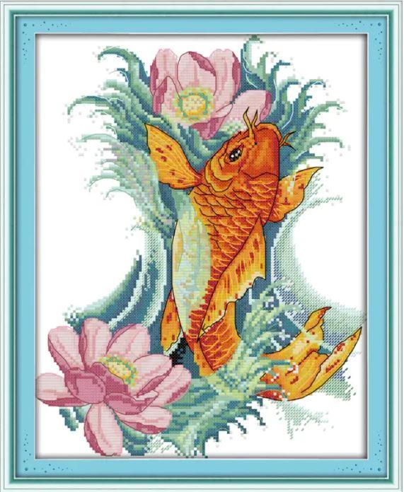 Набір для вишивання за нанесеною на канву схемою "Carp and flowers" .AIDA 14CT printed, 29*35 см