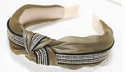 Обруч-чалма для волосся (шовк + стрічка із бісеру). Оливковий