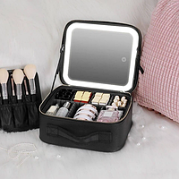 Косметичка чемоданчик с LED зеркалом на крышке, Органайзер для хранения косметики кожаная, портативная черная