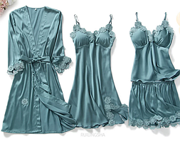 Жіночий атласний піжамний комплект для сну, халат з сорочкою та піжама шорти та майка бірюзового кольору