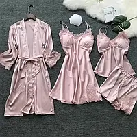 Жіночий атласний піжамний комплект для сну, халат із сорочкою та піжама рожевого кольору