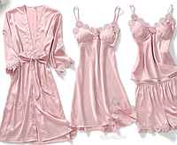 Женские атласный пижамный комплект для сна, халат с сорочкой и пижама розового цвета