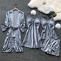 Женские атласный пижамный комплект для сна, халат с сорочкой и пижама серого цвета