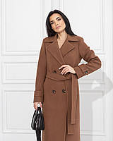 Женское классическое демисезоннное друбортное пальто с шлицей шоколадного, коричневого, коньячного цвета