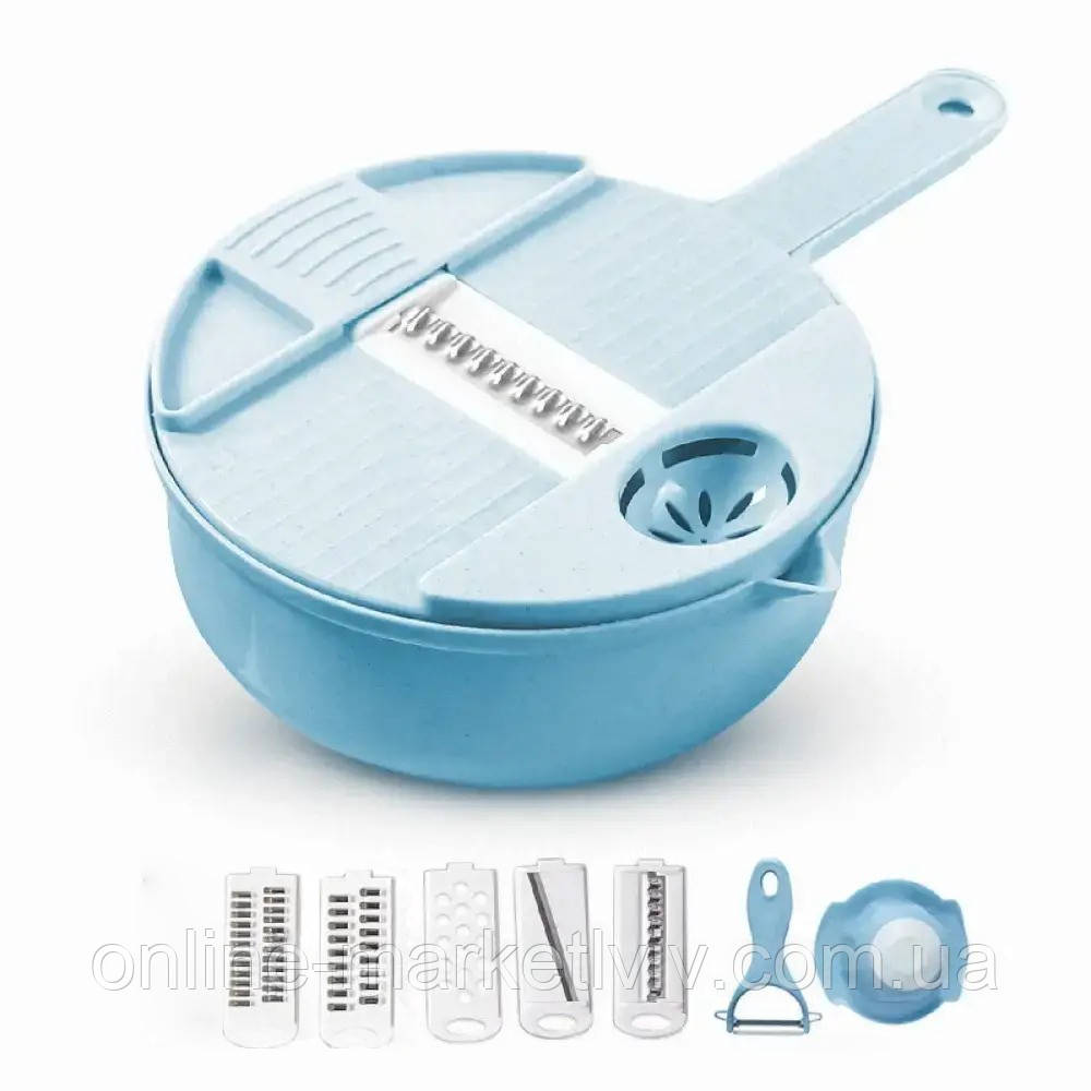 Ручна овочерізка 8в1 з чашею 1,8л, Блакитна / Терка-мультислайсер / Подрібнювач овочів та фруктів, фото 1