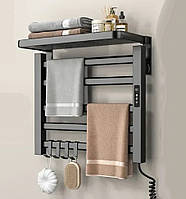 Универсальная полка-вешалка 2в1 электрический полотенцесушитель с подогревом для ванной комнаты 50х50см Black