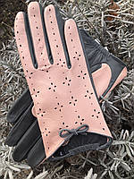 Перчатки женские без подкладки из натуральной кожи ягненка. Цвет розовый с серым. 6,5"/18 см