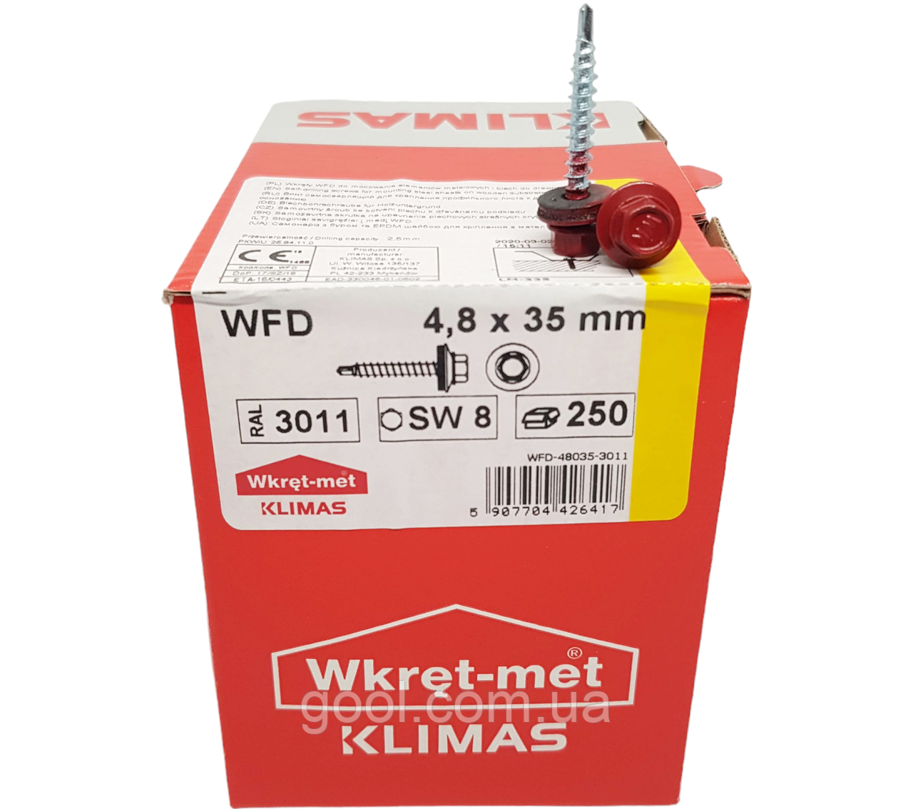 Покрівельні саморізи Wkret-Met Klimas WFD 4,8х35мм RAL 3011 для профнастилу та металочерепиці до дерева упаковка 250 штук