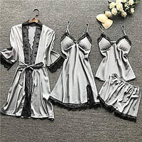 Женский набор для сна из пижамы, халата и пеньюар с вкладышами