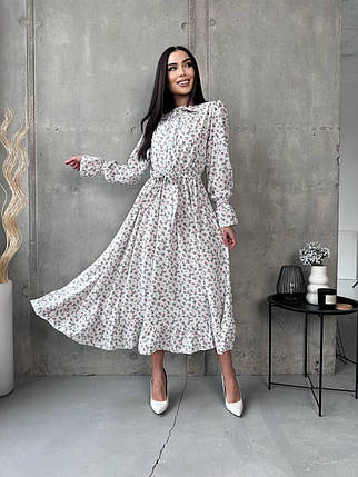 Ніжна квіткова жіноча сукня міді з оборками і поясом Smv8961, фото 1