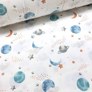 Тканина поплін космос із м'ятно-блакитними планетами на білому (шир. 2,4 м) (R-T-0730)