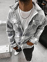 Стильная качественная мужская рубашка светло-серый полар двухсторонний повседневная теплая рубашка в клетку