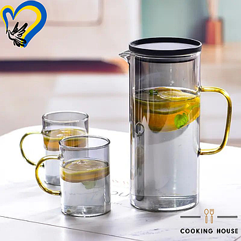Набір глечик 1400мл і дві склянки 300мл Cooking House графин з боросилікатного скла з кришкою для лимонаду, кувшин для чаю, кави