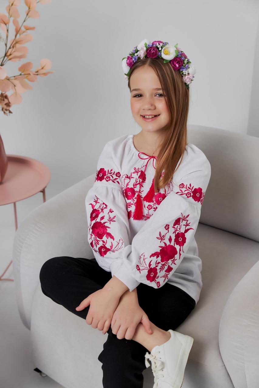 Детская вышиванка, сорочка для девочек белого цвета с вышивкой размеры от 116 по 134 - фото 6 - id-p2118830740