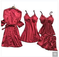 Женский комплект для сна из нежного атласа с кружевом бордового цвета , халат с пеньюаром