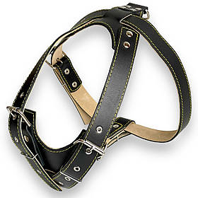 Шкіряна шлея для собак подвійна. Шлейка шкіряна для собак обхват шиї 56-84 см, обхват грудей 81-102 см, 35 мм Чорна