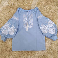 Вышиванка сорочка детская для девочек голубого цвета с вышивкой размеры от 146 по 164
