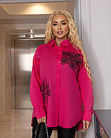 Жіноча ошатна блуза-сорочка великого розміру подовжена красива котон, червона, рожева