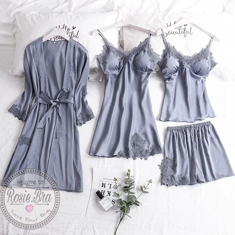 Жіночий атласний піжамний набір сірого кольору халат з пеньюаром, фото 1