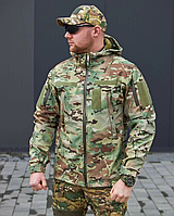 Демисезонная мужская Куртка Softshell мультикам на флисе с Капюшоном и Липучками под шевроны тактическая