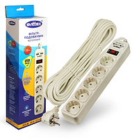 Бытовой сетевой фильтр 220В 10А 5 гнезд - 10м (удлинитель,переноска) 2хUSB 5V 2.1A с выключателем