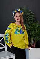 Детская вышитая блуза, рубашка для девочек желтого цвета из ткани лен размеры от 116 по 134