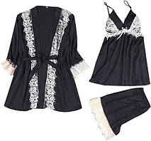 Чорний атласний набір з мереживом халат, пеньюар і шортики
