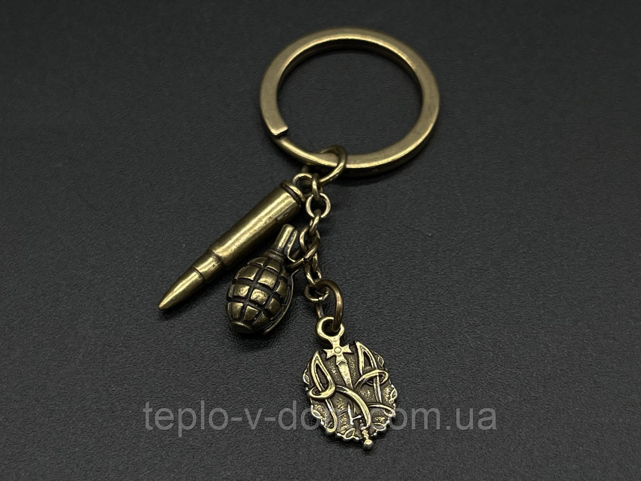 Брилок "Тризуб,граната,куля". Лита металева. Колір "стара латунь".