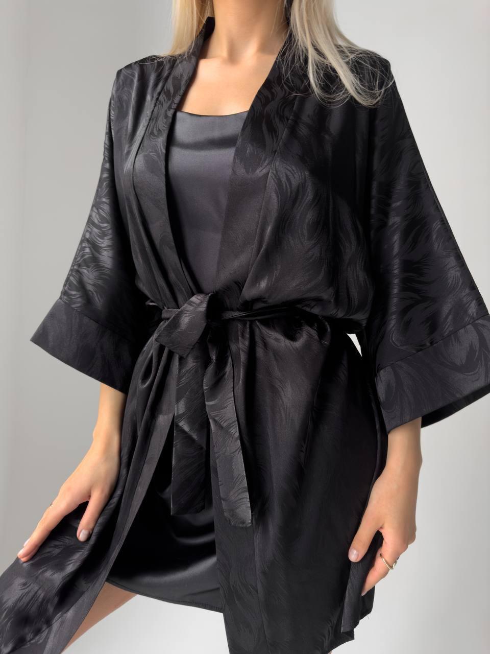 Розкішний шовковий чорний халатик та нічна сорочка, комплект халатик із сорочкою для дому