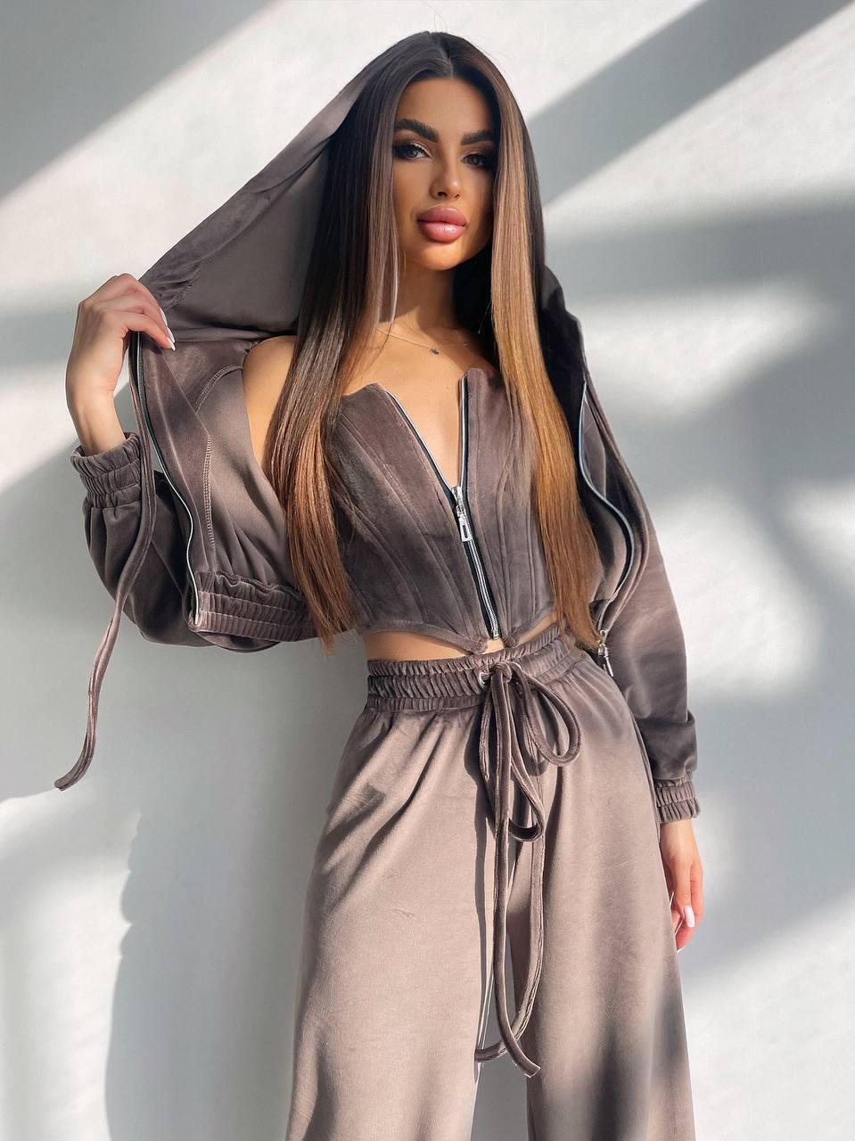 Велюровий спортивний костюм-трійка з корсетом укороченою мастеркою і штанами палаццо (р. 42, 44) 66SP2038Е, фото 1