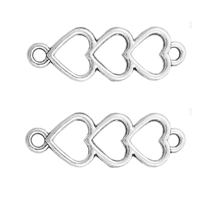 Набір 2 шт Конектори 24 мм Підвіски Три Серця на 2 Вушка, Метал Срібного Колір, Фурнітура для Біжутерії, фото 1