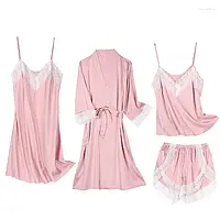 Набір для сну в рожевий колір халат з пеньюаром і піжама майка і шорти з мереживом