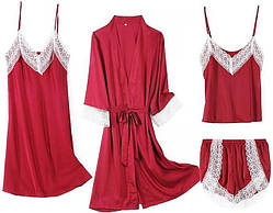Жіночий атласний комплект червоного кольору халат з пеньюаром та піжама двійка
