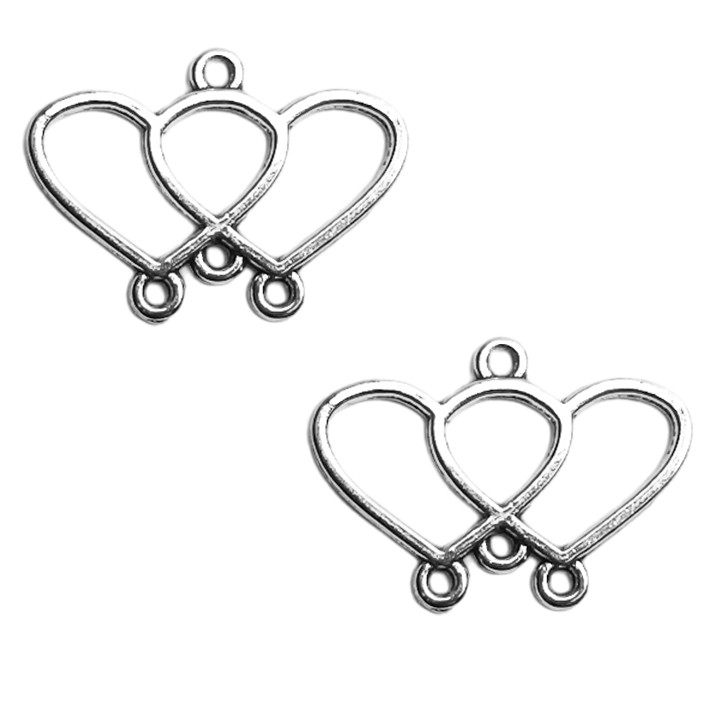 Набір 2 шт Конектори 22 мм Підвіски Подвійне Серце на 4 Вушка, Метал Сріблястий, Фурнітура для Кольє, Бус, фото 1