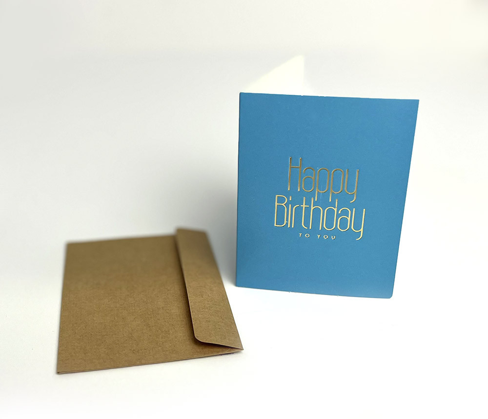 Міні листівка 8*10 см з конвертом "Happy Birthday" золото на блакитному