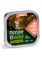 Влажный беззерновой корм Monge Cat Wet Bwild Grain Free Adult с лососем и овощами, 100 г х 32 шт