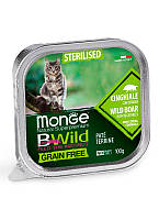 Влажный беззерновой корм Monge Cat Wet Bwild Grain Free Sterilised с кабаном и овощами, 100 г х 32 шт