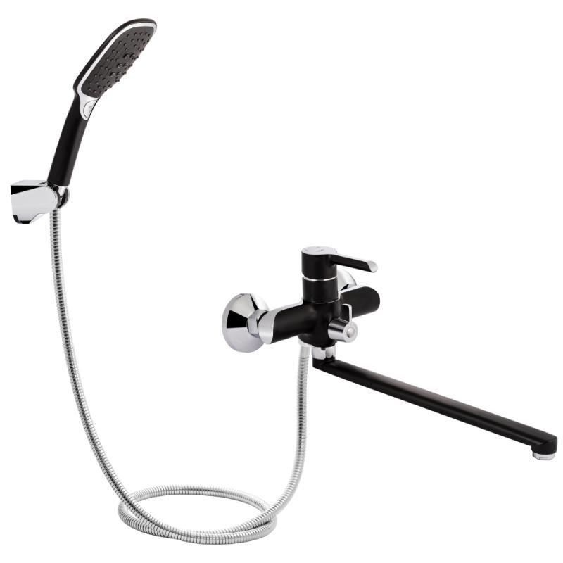 Змішувач для ванни Qtap Grand з поворотним виливом (з душовим гарнітуром) QTGRABCR005 Chrome/Black, фото 1