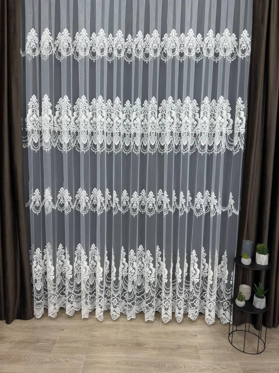 Ціна за 3.2 м! Тюль на основі турецького фатину з вишивкою, преміум якості. Колір: молочний, фото 1