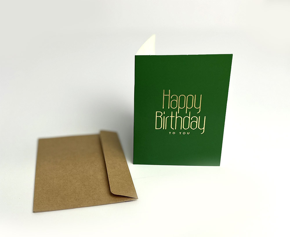 Міні листівка 8*10 см з конвертом "Happy Birthday" золото на зеленому