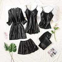 Атласний жіночий комплект чорного кольору халат з пеньюаром та піжама