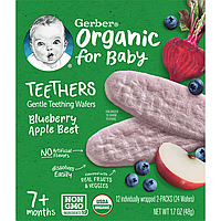 Gerber, Organic Teethers, вафли для мягкого прорезывания зубов, для малышей от 7 месяцев, черника, яблоко и св