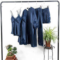 Женский атласный набор для сна халат+ пеньюар+ штаны+ пижама